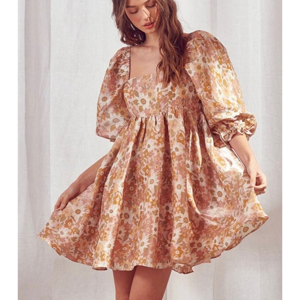 Storia Floral Mini Dress Womens Small Mustard Pink Retro Puff Sleeve Square Neck